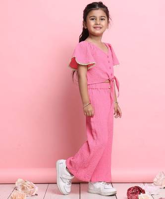Girls' stylish pink co-ord set     flared sleeve top & wide-leg pants 2