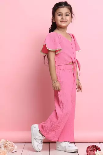 Girls' stylish pink co-ord set     flared sleeve top & wide-leg pants