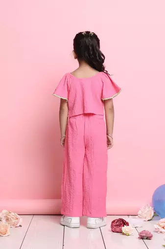Girls' stylish pink co-ord set     flared sleeve top & wide-leg pants
