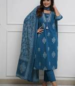 Dusk Blue Cotton Kurta And Pant Set With Mulmul Dupatta