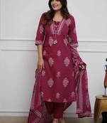 Maroon Cotton Kurta And Pant Set With Mulmul Dupatta