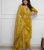 Dark Mustard Cotton Kurta And Pant Set With Mulmul Dupatta