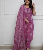 Light Plum Cotton Kurta and Pant Set with Mulmul Dupatta