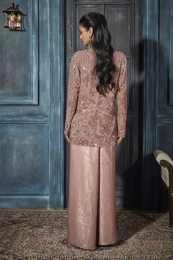 Rose gold georgette embroidered co ord set