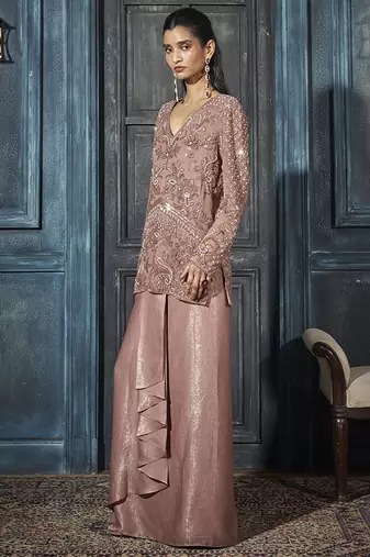 Rose gold georgette embroidered co ord set