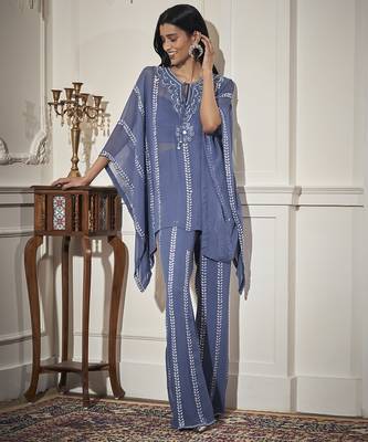 Blue georgette embroidered kaftan with pant & bustier 1