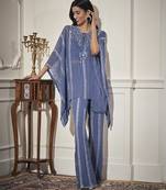 Blue georgette embroidered kaftan with pant & bustier