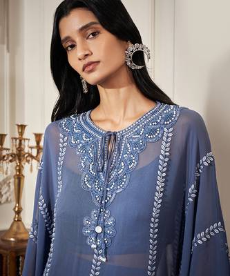 Blue georgette embroidered kaftan with pant & bustier 2
