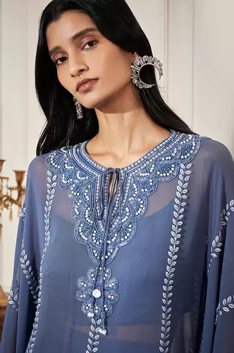 Blue georgette embroidered kaftan with pant & bustier