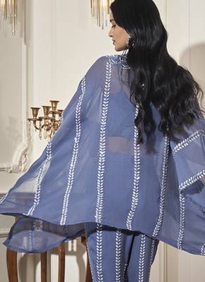 Blue georgette embroidered kaftan with pant & bustier 3