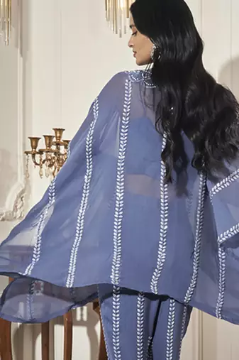Blue georgette embroidered kaftan with pant & bustier