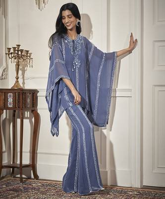 Blue georgette embroidered kaftan with pant & bustier 4