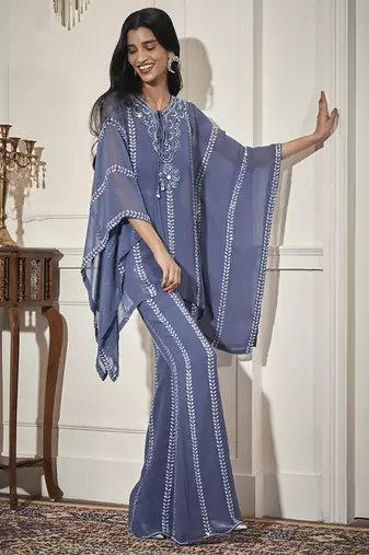 Blue georgette embroidered kaftan with pant & bustier
