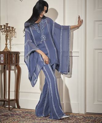 Blue georgette embroidered kaftan with pant & bustier 5