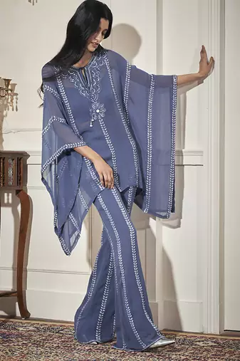 Blue georgette embroidered kaftan with pant & bustier