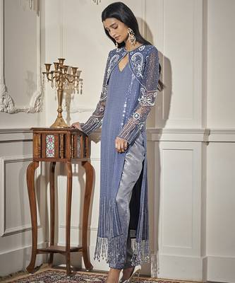 Blue net embroidered kurta & pant with cape 1