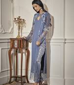 Blue net embroidered kurta & pant with cape