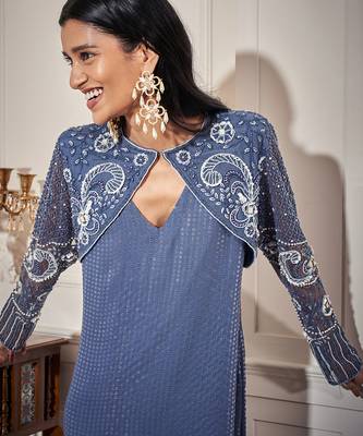 Blue net embroidered kurta & pant with cape 2