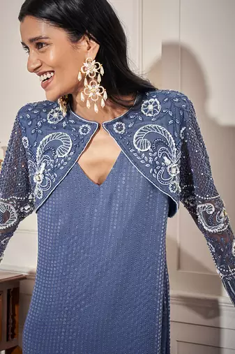 Blue net embroidered kurta & pant with cape
