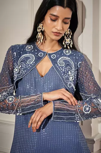Blue net embroidered kurta & pant with cape