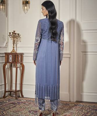 Blue net embroidered kurta & pant with cape 4