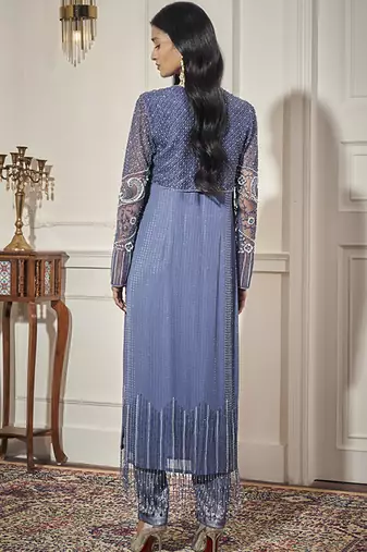 Blue net embroidered kurta & pant with cape