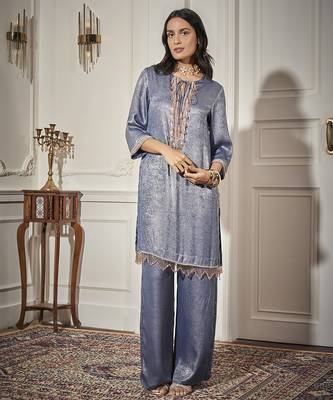 Blue satin plain kurta & pant set 1