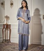 Blue satin plain kurta & pant set