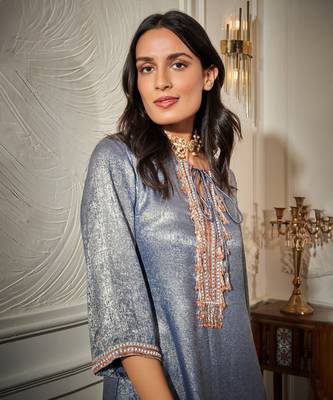 Blue satin plain kurta & pant set 2