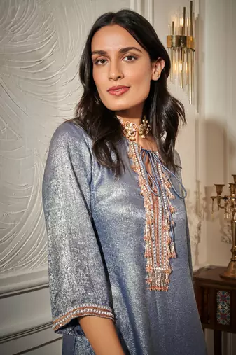 Blue satin plain kurta & pant set