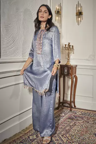 Blue satin plain kurta & pant set