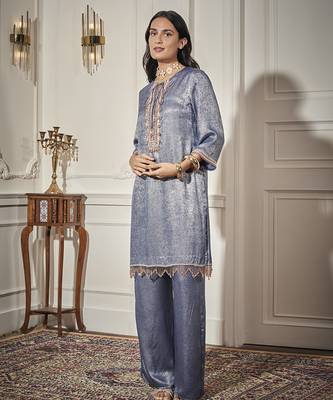 Blue satin plain kurta & pant set 5