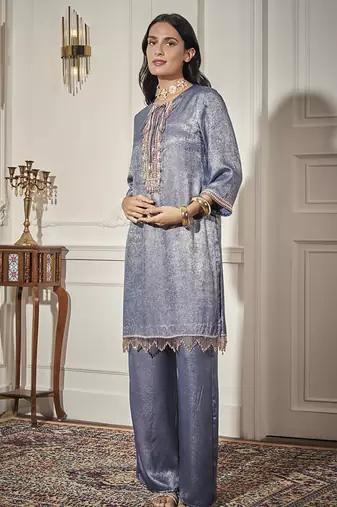 Blue satin plain kurta & pant set