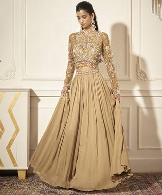 Gold georgette plain palazzo with embroidered blouse 1
