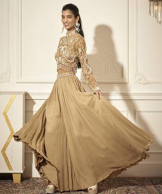 Gold georgette plain palazzo with embroidered blouse 2