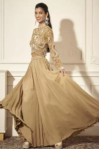 Gold georgette plain palazzo with embroidered blouse