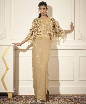 Gold organza embroidered skirt & bustier with cape 1