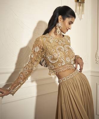 Gold georgette plain palazzo with embroidered blouse 3