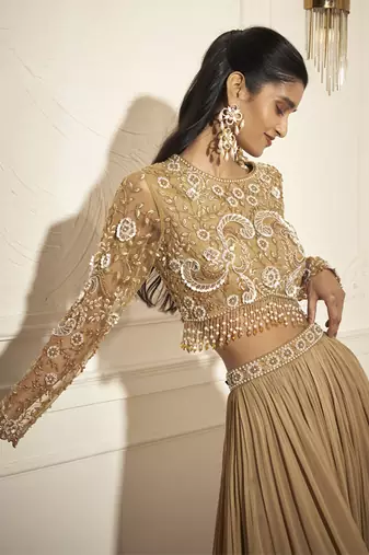 Gold georgette plain palazzo with embroidered blouse