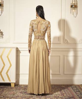 Gold georgette plain palazzo with embroidered blouse 4