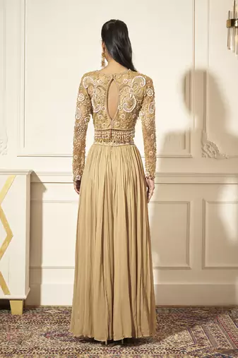 Gold georgette plain palazzo with embroidered blouse