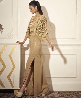Gold organza embroidered skirt & bustier with cape 2