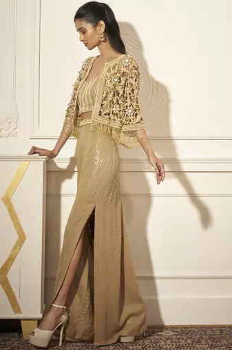 Gold organza embroidered skirt & bustier with cape