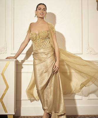Gold organza plain skirt & cape with embroidered bustier 1