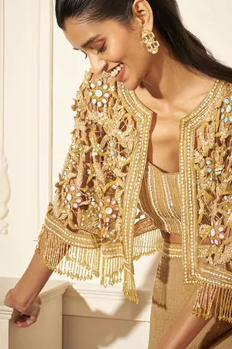 Gold organza embroidered skirt & bustier with cape