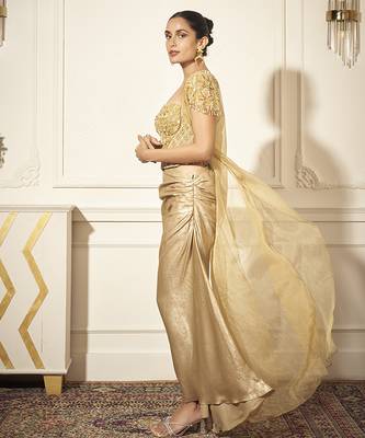 Gold organza plain skirt & cape with embroidered bustier 2