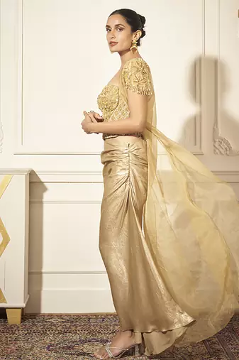 Gold organza plain skirt & cape with embroidered bustier