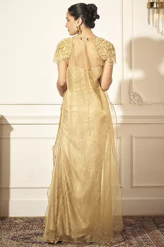 Gold organza plain skirt & cape with embroidered bustier