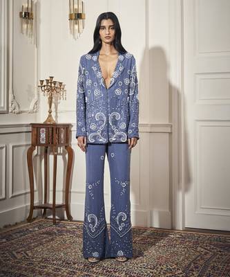 Blue satin embroidered blazer paired with bustier & pant 1