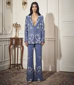 Blue satin embroidered blazer paired with bustier & pant